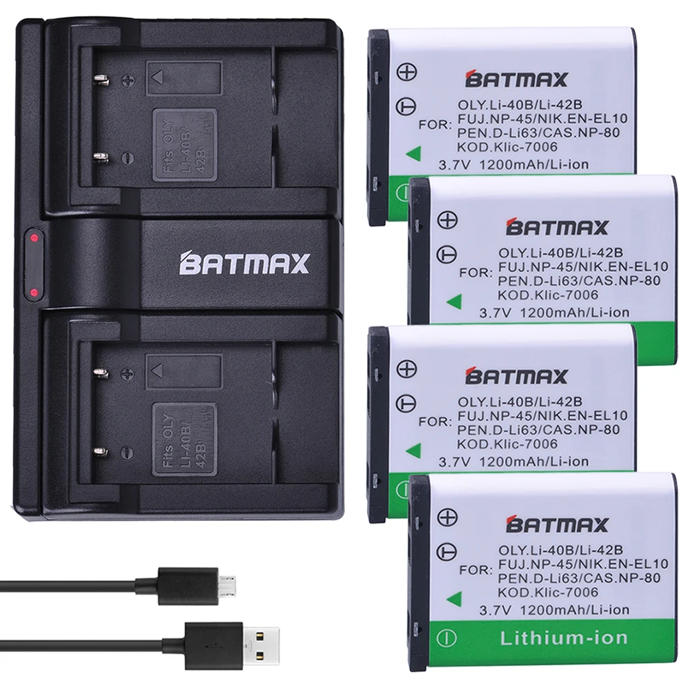 4Pcs 3.7V 1200mAh LI-40B LI40B LI 40B LI-42B EN-EL10 Camera Battery for Olympus Li-42B Pentax D-Li63 Fuji NP-45 Nikon EN-EL10