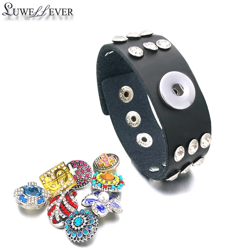 Fashion 099 Interchangeable Really Genuine Leather Crystal Bracelet 18mm Snap Button Bangle Charm Jewelry For Women Men Gift