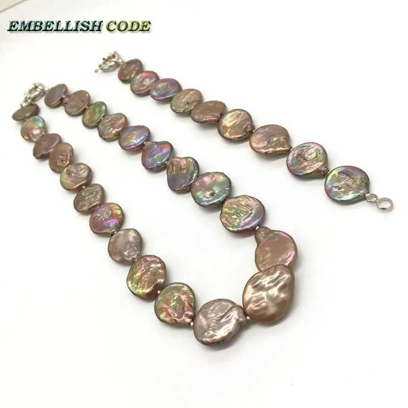 baroque pearl choker statement necklace bracelet brown coffee color round coin Button flat shape natural freshwater pearls