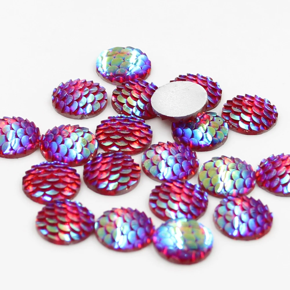 New Fashion 50pcs 12mm Mix Colors Mermaid Fish Scale Style Flat Back Resin Cabochons For Bracelet Earrings Patch Accessories