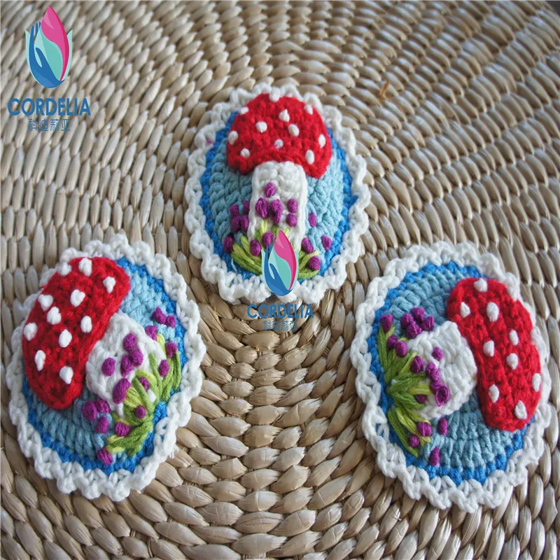 3 pcs best selling European fashion natural cotton crochet lace doilies with 3D mushroom flower for home decoration coaster mat