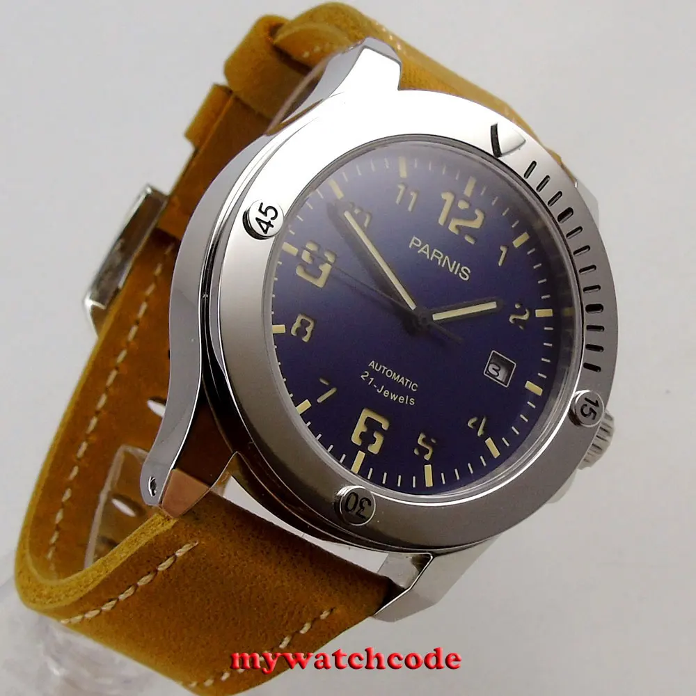 Luxury Brand Men\'s Watch Automatic Parnis 43mm blue dial super luminous date 8215 Automatic Mechanical mens Watches Wrist Watch