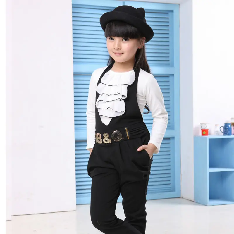 Retail Girls Clothing Set 2 pcs Cotton Suspenders & Long Sleeve White Ruffles T-Shirt for Children Spring Fall Black Brown