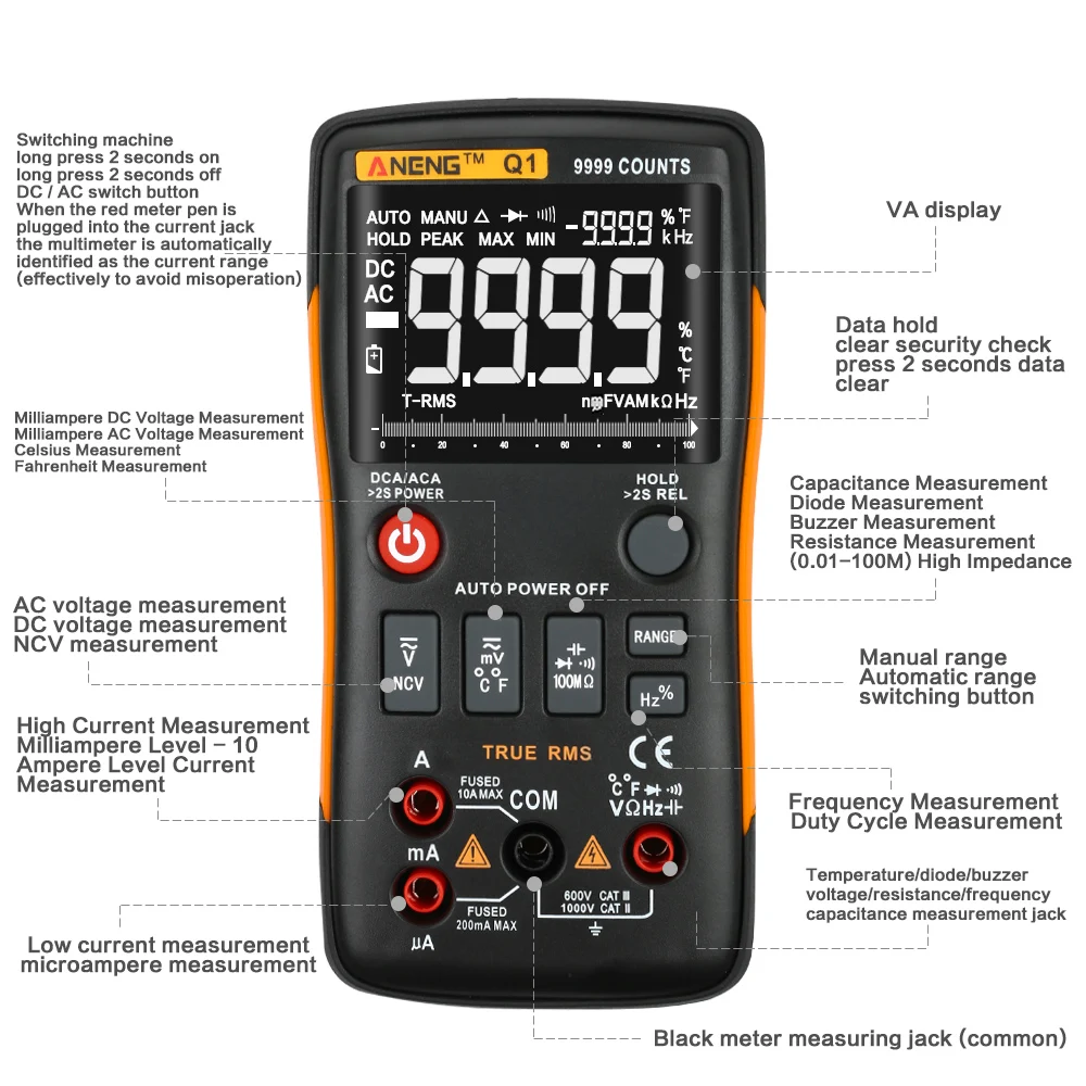 Q1 Digital Multimeter Transistor Tester 9999 Counts With Analog Bar Graph ACDC Voltage Ammeter Current Ohm Auto Wire test meter