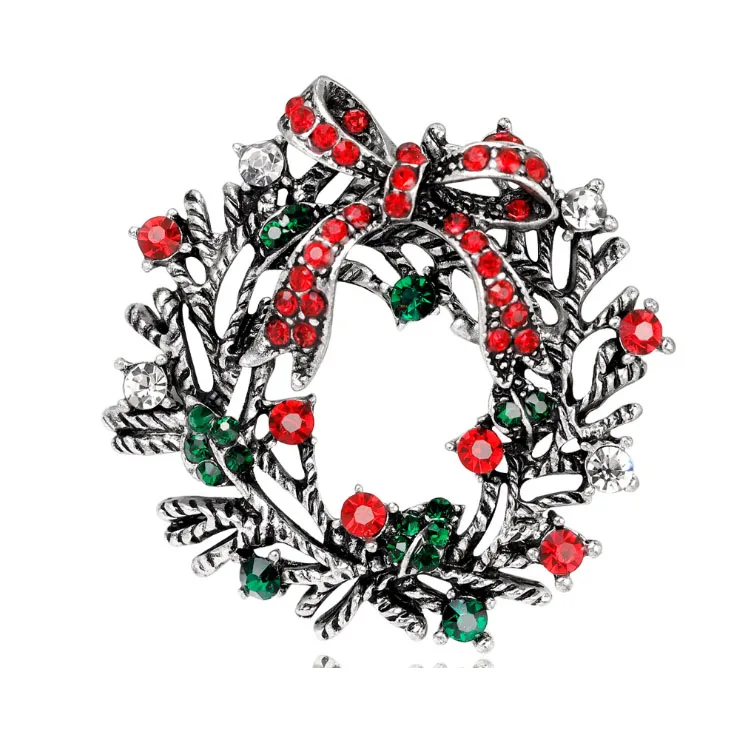 50pcs/lot Rhinestone Christmas Wreath With Bowknot Brooch Pin Custom Christmas Crystal Brooch Pin