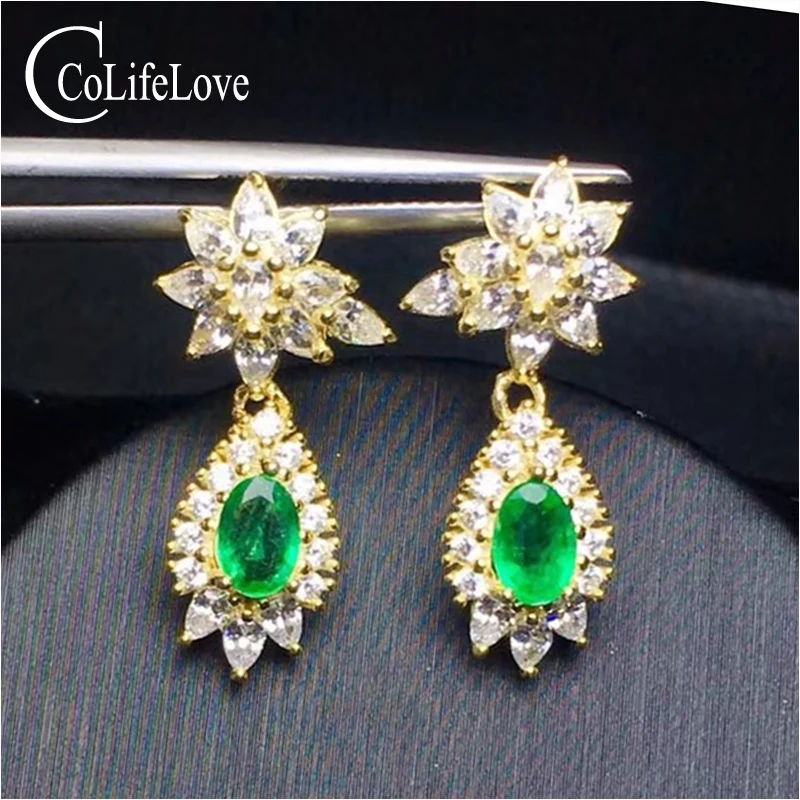 Dazzling silver emerald drop earrings for wedding real natural emerald from Zambia 925 silver emerald earrings