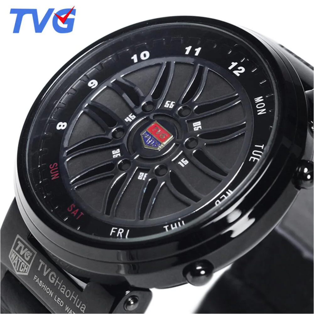 Top Brand TVG Led Watch Men Creative Car Roulette Blue Led Dispaly Binary Watch Men Fashion Men Sports Watches relogio masculino