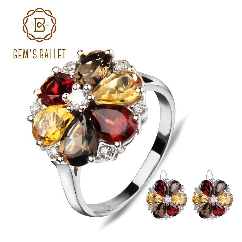 

GEM'S BALLET Natural Garnet Smoky Quartz Citrine Jewelry Set 925 Sterling Silver Fashion Flower Earrings Ring Set For Women Gift