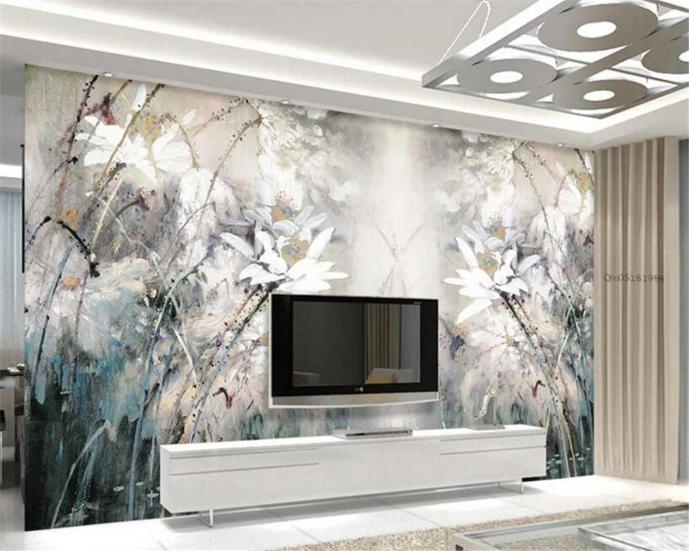 

Custom Wallpaper Retro Oil Painting Lotus Hand Painted TV Background Wall Living Room Bedroom mural photo 3d wallpaer