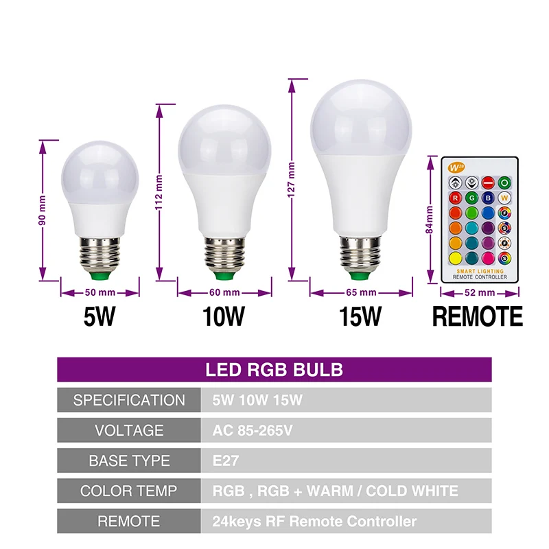 MARPOU RGB LED Blub with Remote Control Cold Warm White Colorful Lights E27 5W 10W 15W 110V 220V Blub for Party Home Decorative