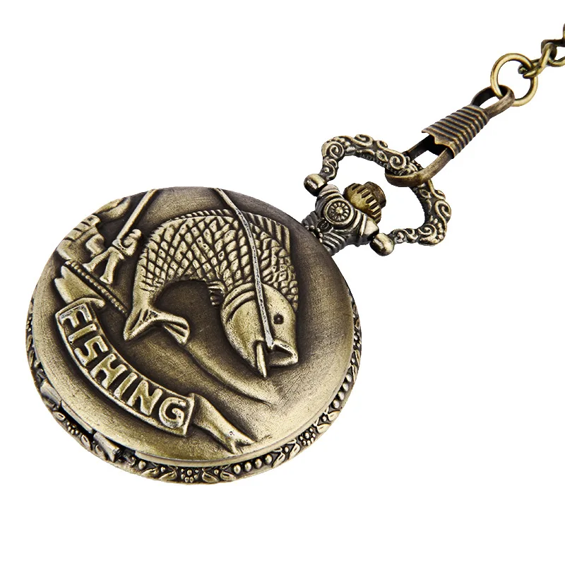 

1094 Vintage Large Bronze Craved "FISHING" Retro Best Gift Pocket Watch with waist chain