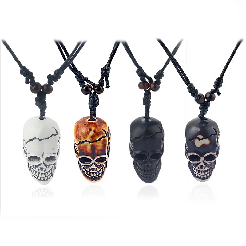 

12pcs Punk Style Black/White/Brown Head Skull Faux Yak Bone Pendant Necklace Jewelry Gift For Woman/Man 17-33inch Adjustable