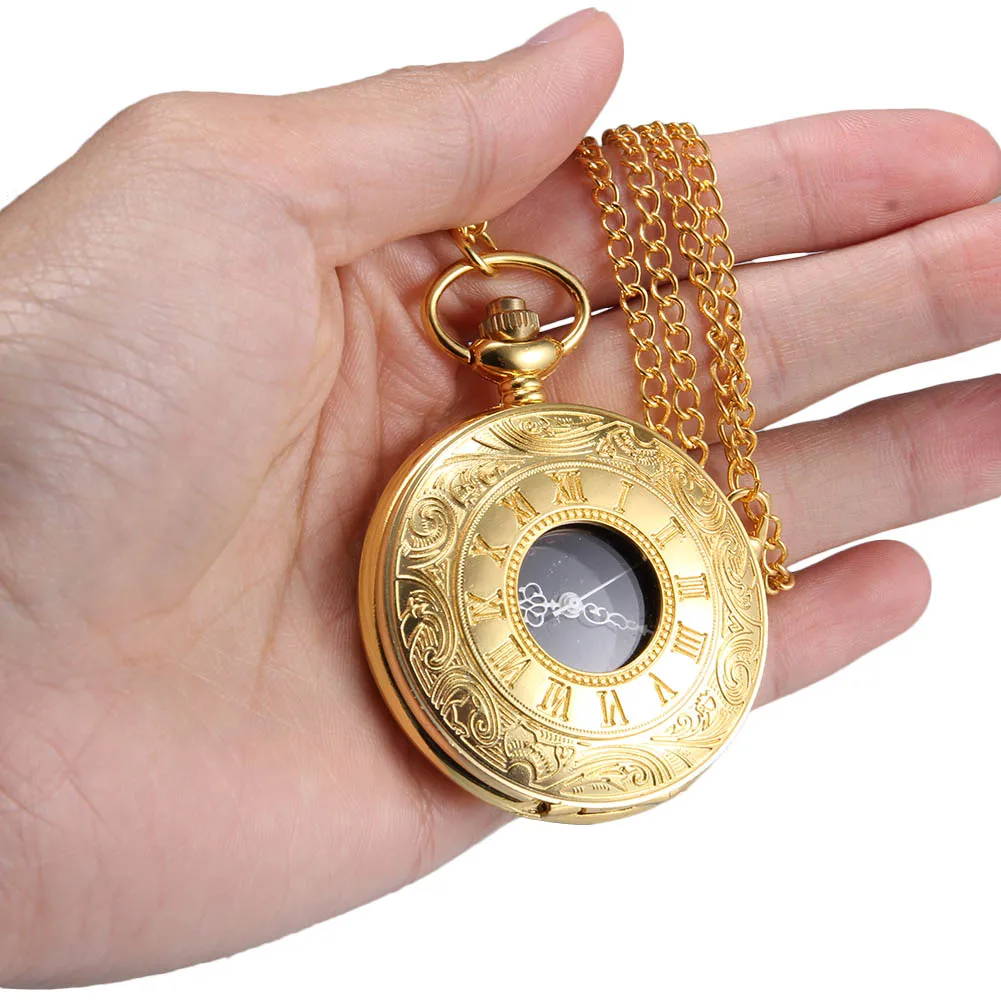 Men Women Quartz Pocket Watch Golden Rome Number Carved Case Big Dial with Chain LL@17