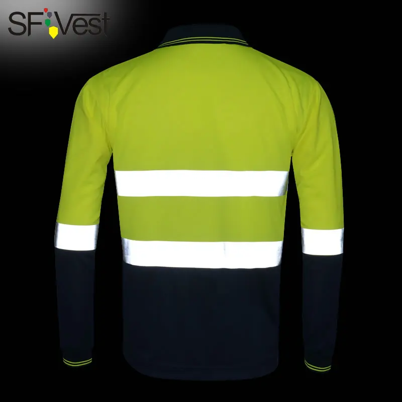 Two Tone Long Sleeve Safety Polo Shirt High Visibility Reflective Shirt With Pockets Hi Vis Work Shirt