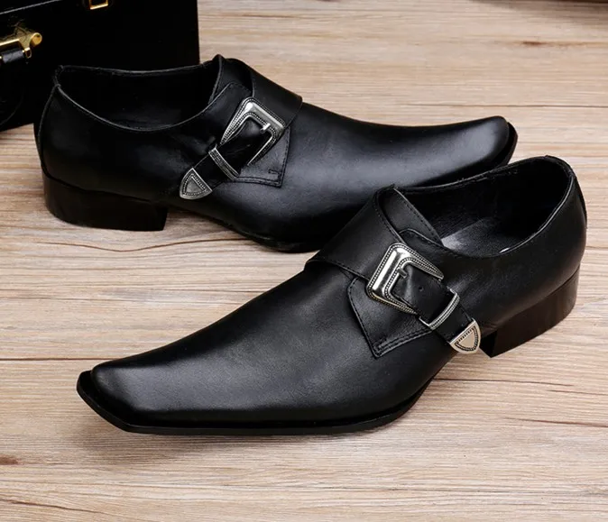 Fashion Genuine Leather Metal Buckle Men\'s Dress Shoes Formal Wedding Office Man Black Pointed Toe Business Luxury Shoes 38-46