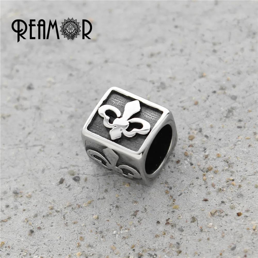 REAMOR 5pcs Stainless steel Iris Flowers Cross Cylinder Big Hole Charms Beads for Jewelry Making Men Bracelet DIY Accessories