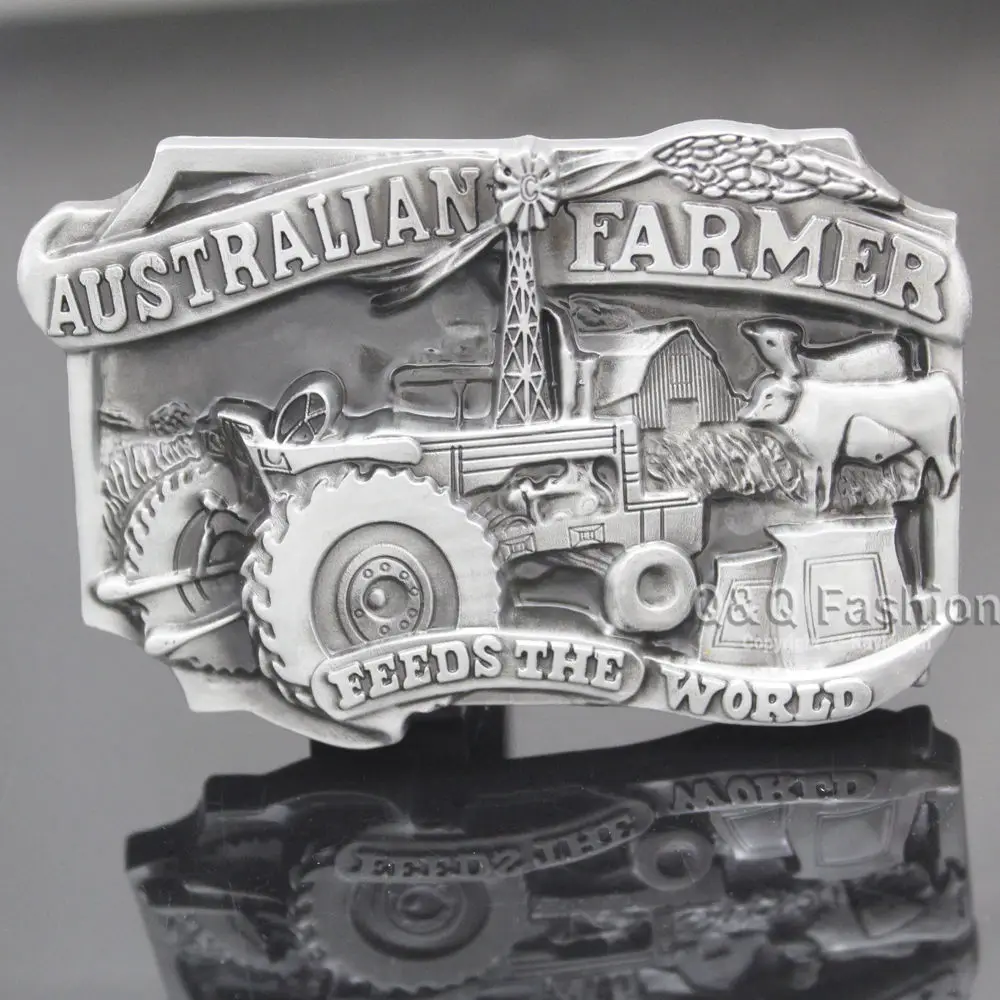 RechicGu Vintage Belt Buckle Silver Plated Farm Barn Tractor Cow Homestead Print Jewelry Fashion Man Accessories Gifts Wholesale