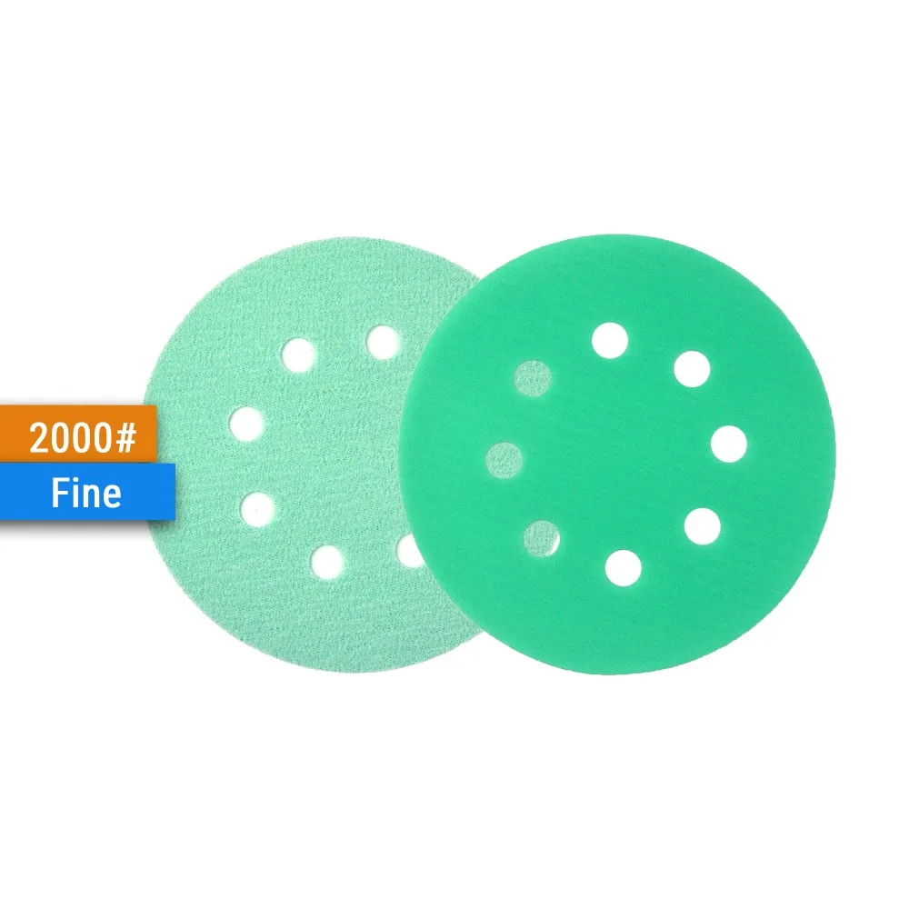 10PCS 5 Inch(125mm) 8-Hole Polyester Film Wet/Dry Hook & Loop Flocking Green Sanding Discs Paint Abrasive Sandpaper, 60#-2000#