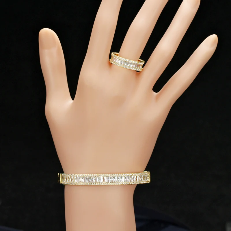 CWWZircons Elegant Light Yellow Gold Color AAA Baguette Cubic Zirconia Round Fashion Ring And Bangle Bracelet Jewelry Set T223