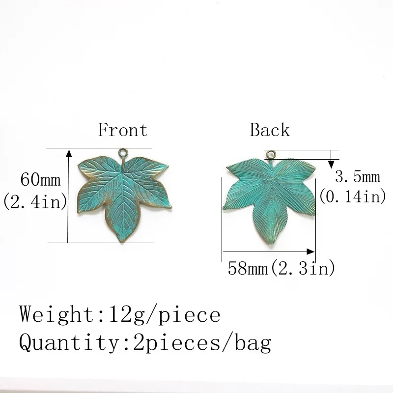 2pcs 60*58MM Retro Patina Plated Zinc Alloy Green Big Maple Leaf Charms Pendants For DIY Accessories