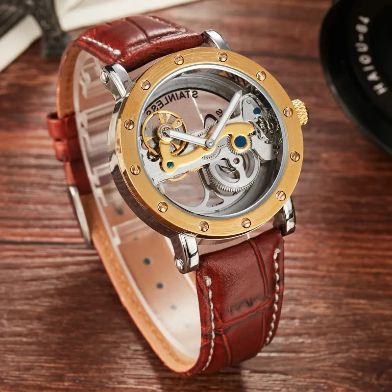 Automatische Mechanische Horloges Mannen Merk Luxe Gouden Kast Lederen Band Volledig Stalen Skelet Transparant Horloge Relogios Masculino