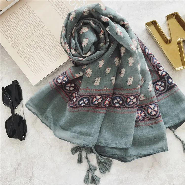 Green Rustic Style Floral Women Tassel Pashmina Shawls Female Seaside Holiday Sunscreen Beach Scarves Stoles Bufanda Lady Shawl