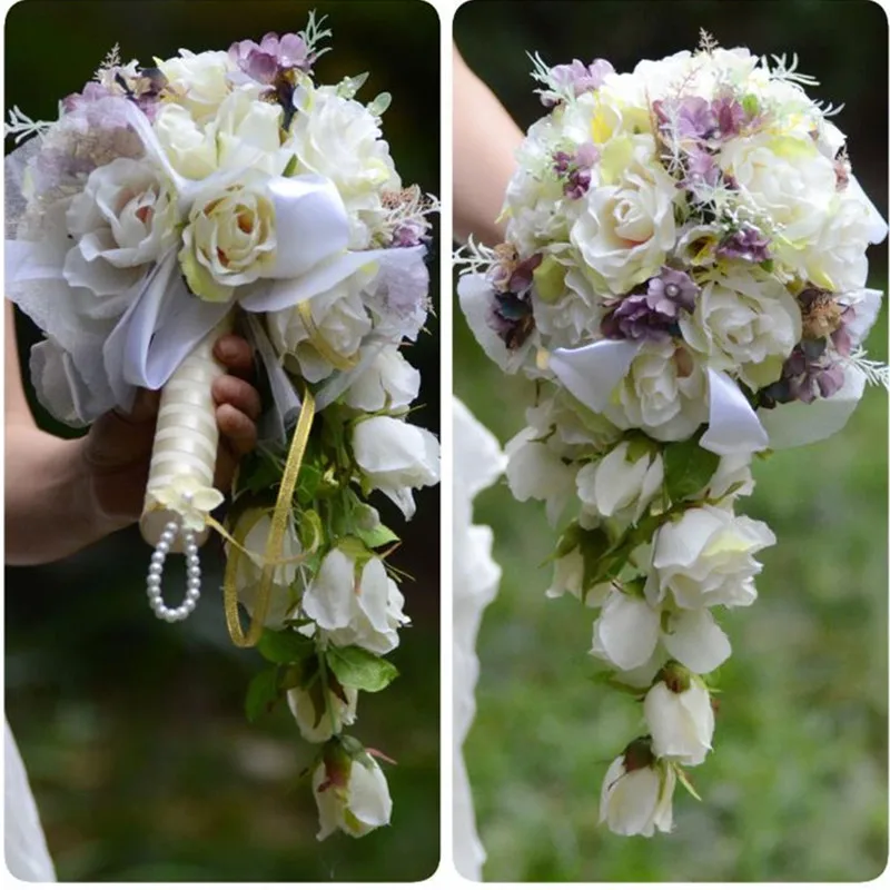 Simulation silk flower wedding bridal bouquet waterfall dripping wedding decoration white purple artificial rose 1pcs