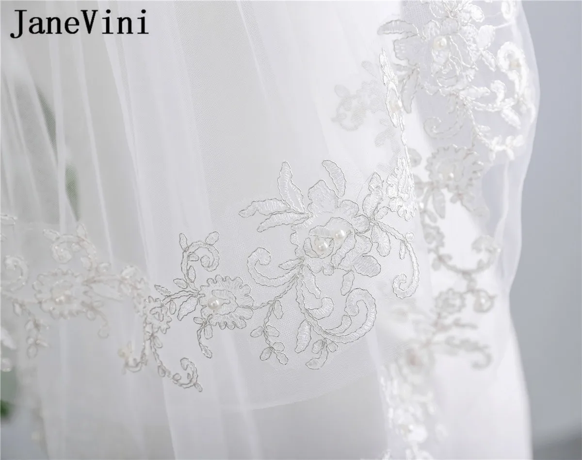 JaneVini 2019 Ren Appliqued Cô Dâu Áo Voan 2 Lớp Ngắn Cưới Vân với Lược Nữ Trắng Ngà Ngọc Trai Voan Cô Dâu mạng Che Mặt Velo tul