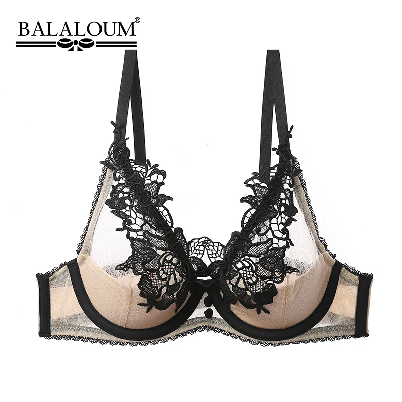 BALALOUM New Women Sexy Thin Transparent Erotic Bra Floral Lace Embroidery Apricot Brassiere Push Up Female Underwear Lingerie