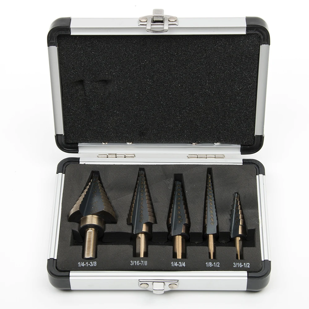 Hakkin 5pcs HSS Cobalt Multiple Hole 50 Sizes Step Drill Bit With Case Sae Metal Wood Hole Cutter Step Cone Drill Bit Set
