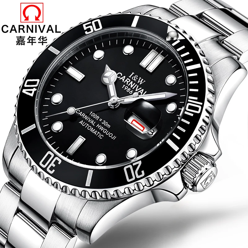 

Fashion Sport Watch Switzerland CARNIVAL Swimming Automatic Watch men Calendar Week Luminous full steel Strap Mechanical watches