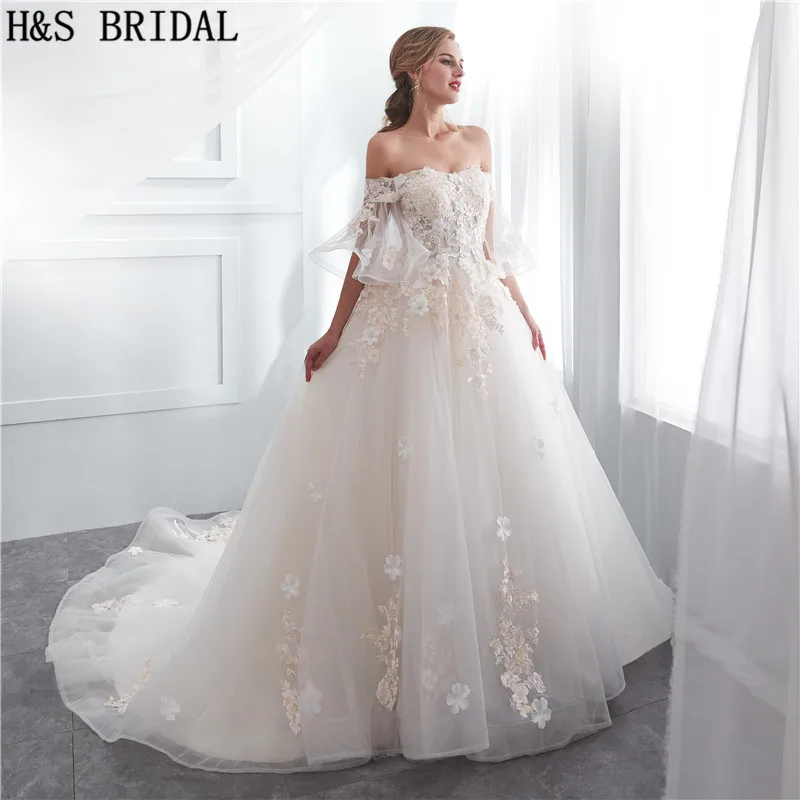 H & s bridal 오프 숄더 하프 슬리브 웨딩 드레스 우아한 레이스 아플리케 신부 드레스 vestidos de novia 2018