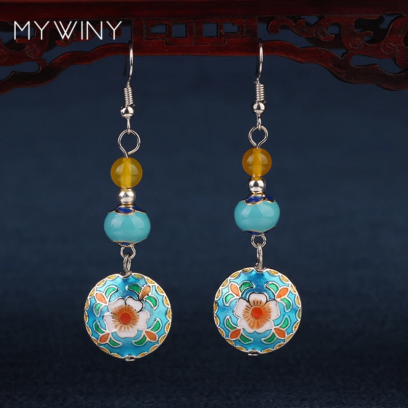 NEW MYWINY Copper jewelry Cloisonne flowers vintage Nepal Tibetan Silver earrings women Chinese wind