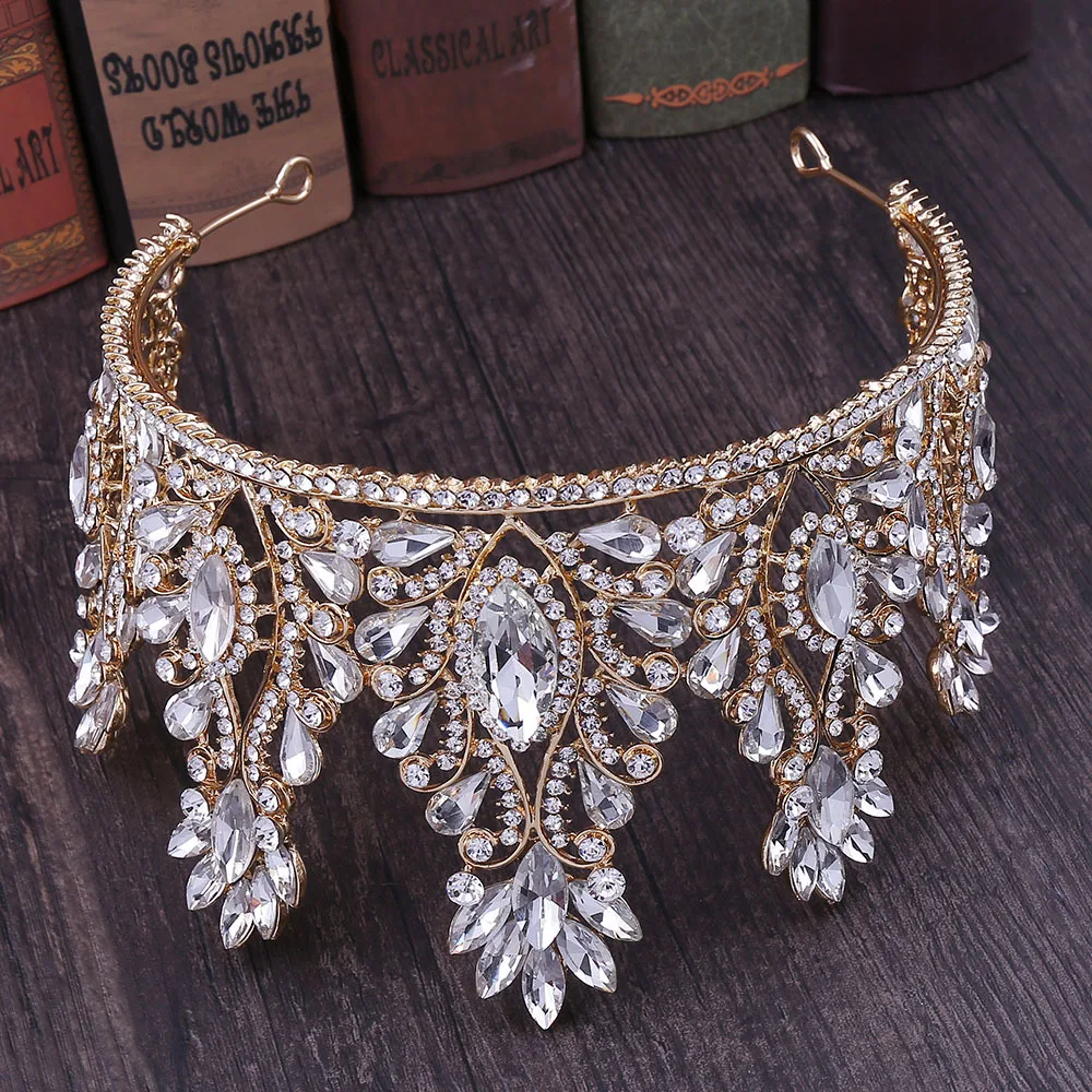 Baroque Rose Gold Color Crystal Bridal Tiaras Crowns Big Rhinestone Diadem Veil Tiara Bride Headbands Wedding Hair Accessories