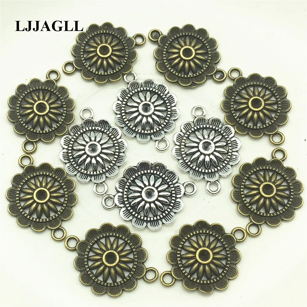 Ljjagoll-dijes de filigrana de girasol de aleación de Zinc, 21x28mm, bronce plateado, 15 Uds./loy, conectores de joyería, accesorios de enlace, fabricación Diy ALJQ013