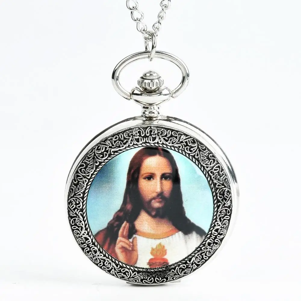 

0 Silvery Retro Jesus Holing A Holy Bible Antique Pocket Watches Necklace Catholicism Religion Quartz Clock Chain Women Men Gift