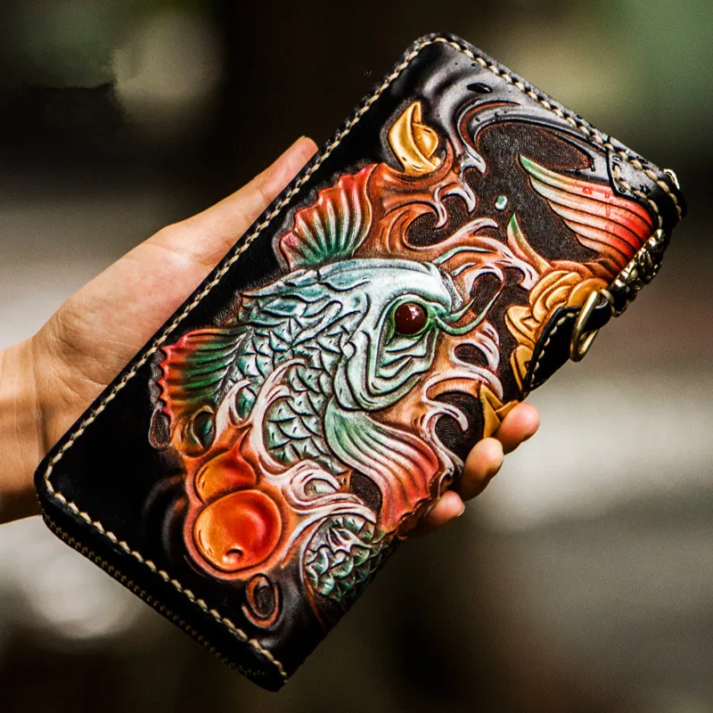 Chinese Style Handmade Money Prinus Carpiod Women Wallets Bag Purses Men Long Clutch Vegetable Tanned Leather Free Design Gifts