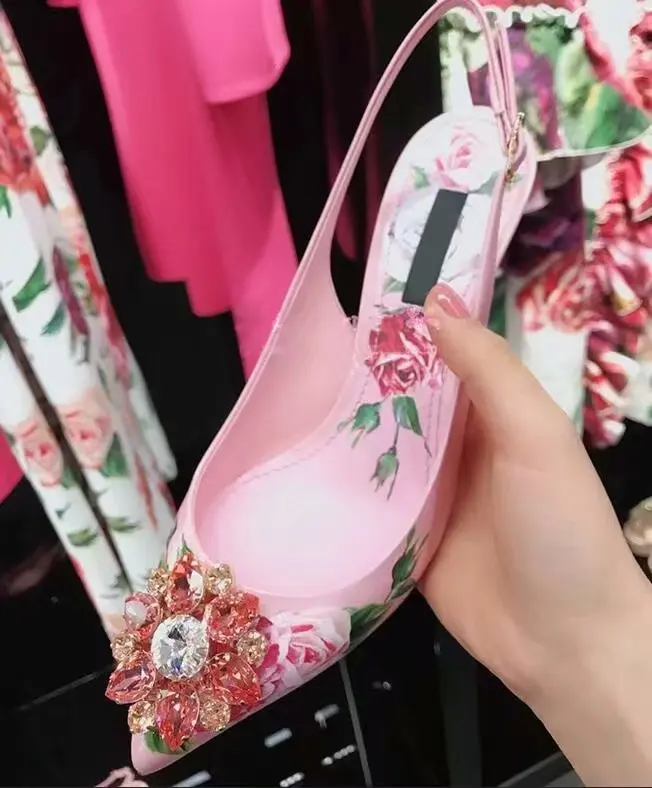 Pink Women 6cm High Heels Diamond Slingback Pumps Bling Rhinestone Floral Print Women Pumps Wedding Dress Pumps Zapatos Mujer