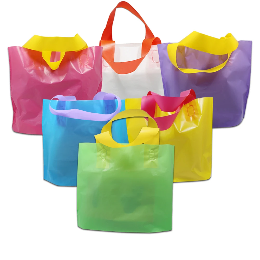 100Pcs Colorful Plastic Shopping Bag With Handle Reusable Clothes Gift Grocery Boutique Packaging Large 35*25cm 4 Size 6 Color