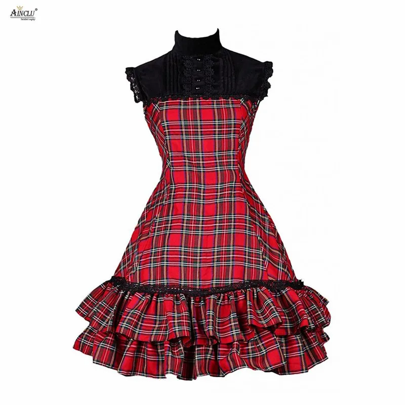 Vestido médio longo feminino vermelho xadrez padrão algodão sem mangas gola clássico linha a vestido lolita para casual/festa/halloween