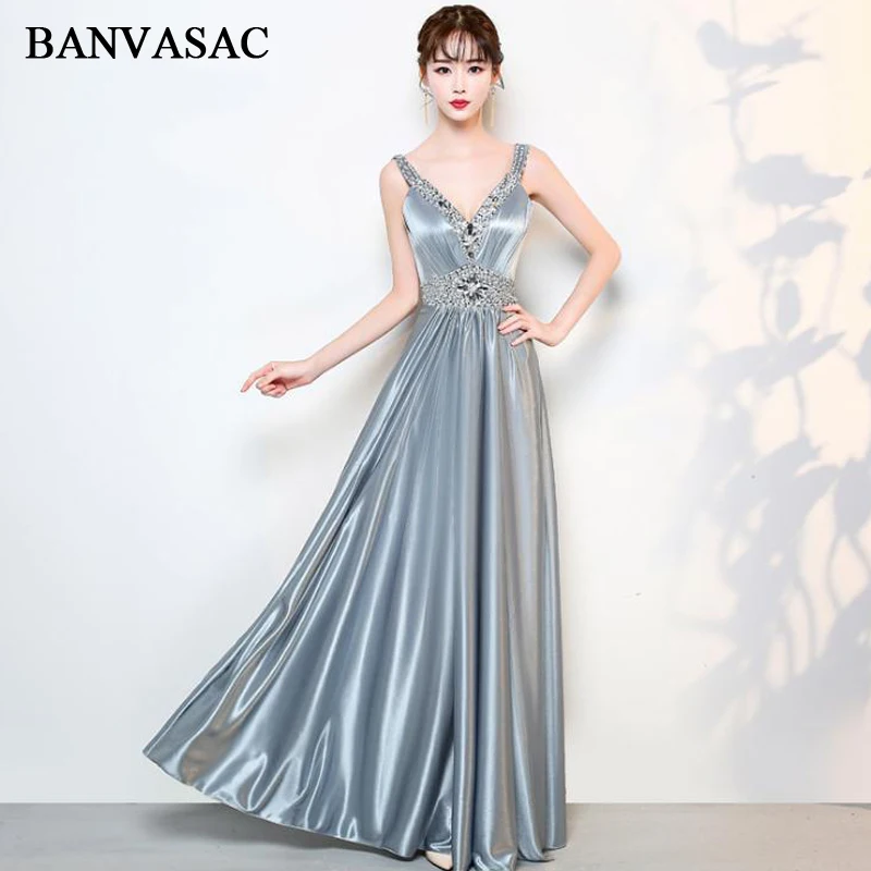 

BANVASAC 2018 V Neck Luxury Crystal Sash A Line Long Evening Dresses Party Spaghetti Strap Satin Backless Prom Gowns