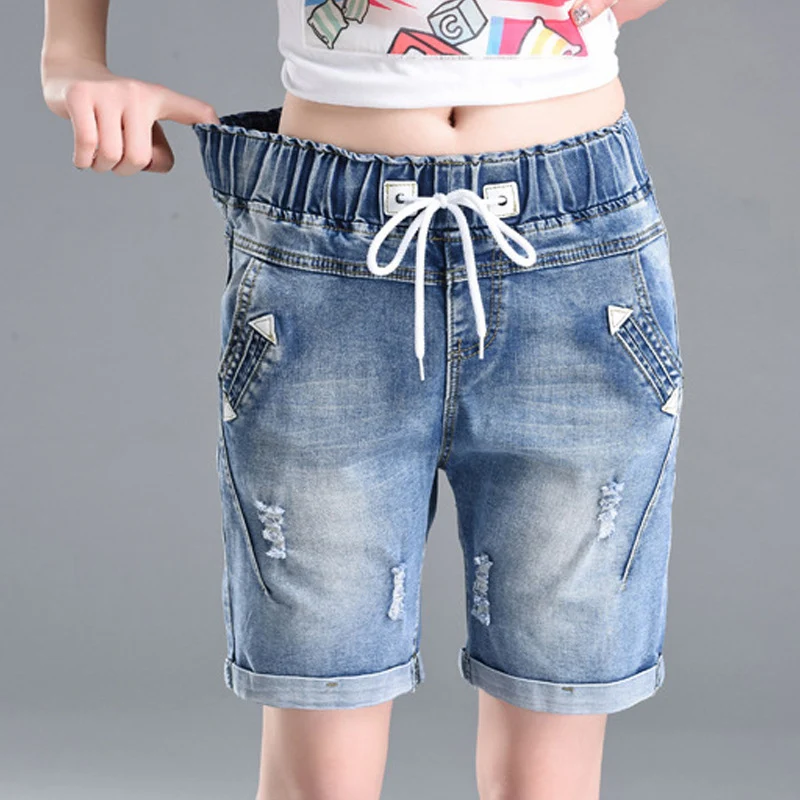 OHRYIYIE Large Size 6XL High Waist Denim Shorts Women 2023 New Summer Elastic Waist Jeans Shorts Femme Loose Hole Curling Shorts