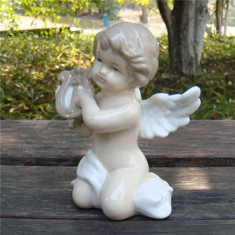 Cute Porcelain Music Angel Figurine Handmade Ceramics Angel Cupid Miniature Household Embellishment Decor Gift Craft Accessories