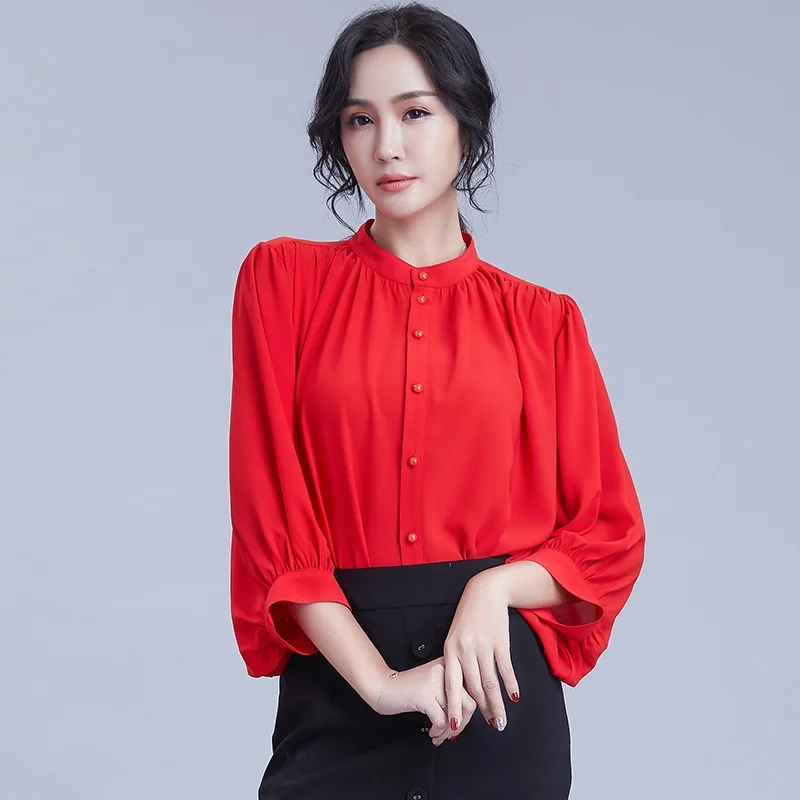 Warna Solid Korea Fashion Wanita Pakaian Blus Tombol Samping Kemeja Perempuan Balon Lengan Pakaian Kerja Wanita Atasan Musim Panas 2019 DD2134