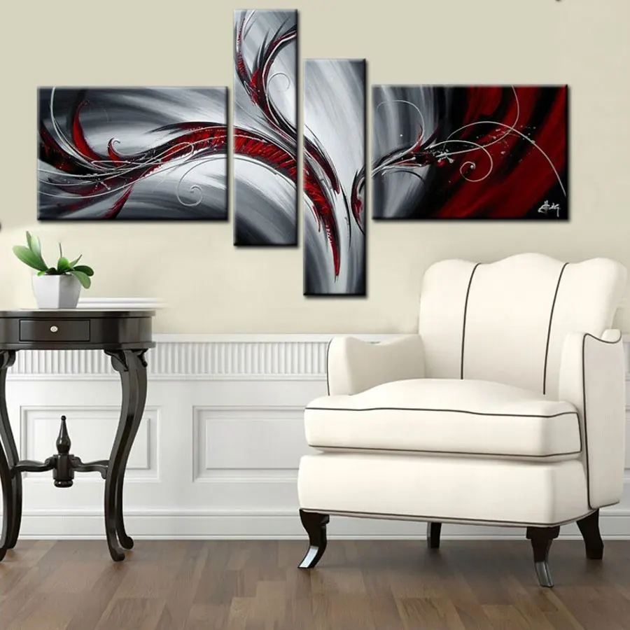 Modern Abstract cnavas oil painting hand painted Black White and Red Wall Art Home Decorative Picture 4 Panels Canvas Art