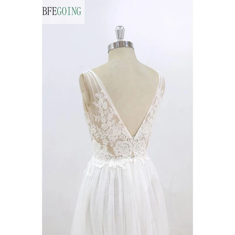 Appliques di pizzo di Tulle bianco scollo a v lunghezza del pavimento abiti da sposa a trapezio Sweep /Brush Train abito da sposa su misura