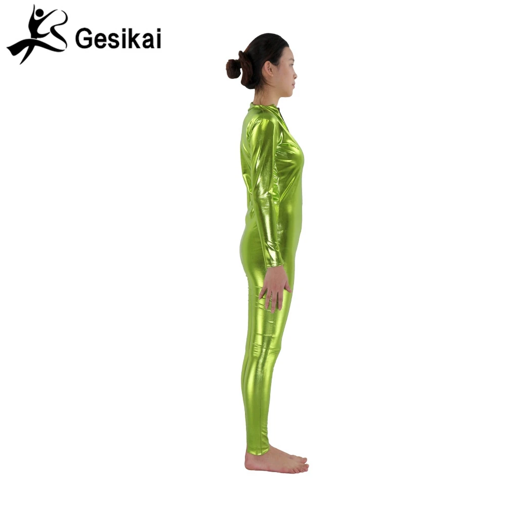 24 Hrs Shipped Out Womens Grass Green Metallic Catsuit Front Zipper Zentai Fancy Dress Womens Fitness Suits Halloween Costumes