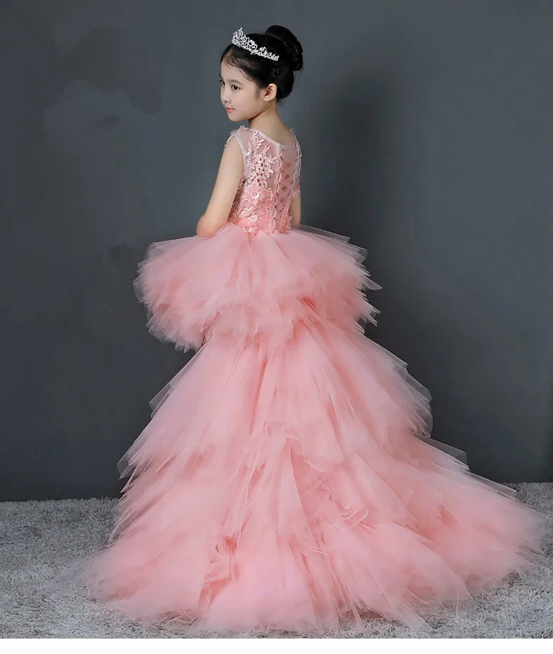 Glizt Long Trailing Flower Girls Dresses for Wedding Pink Puffy Kids Pageant Dress First Holy Communion Gown Party Prom Dress