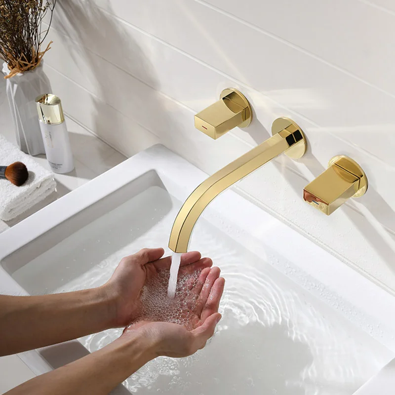 Rose Gold/Gold/Black Brass Plated Wall Mounted Bathroom Basin Faucet Hot And Cold Water Mixer Sink Washbasin Two Handle Tap