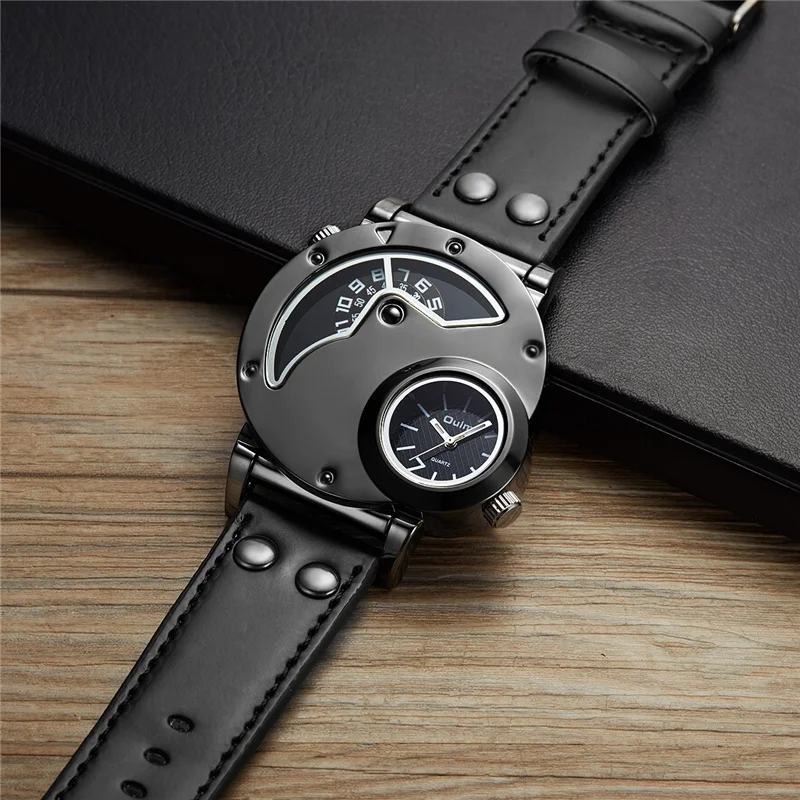 Oulm Unique Double Time Zone Sports Quartz Watch Male Clock Casual PU Leather Military Wristwatch Men\'s Watches reloj hombre